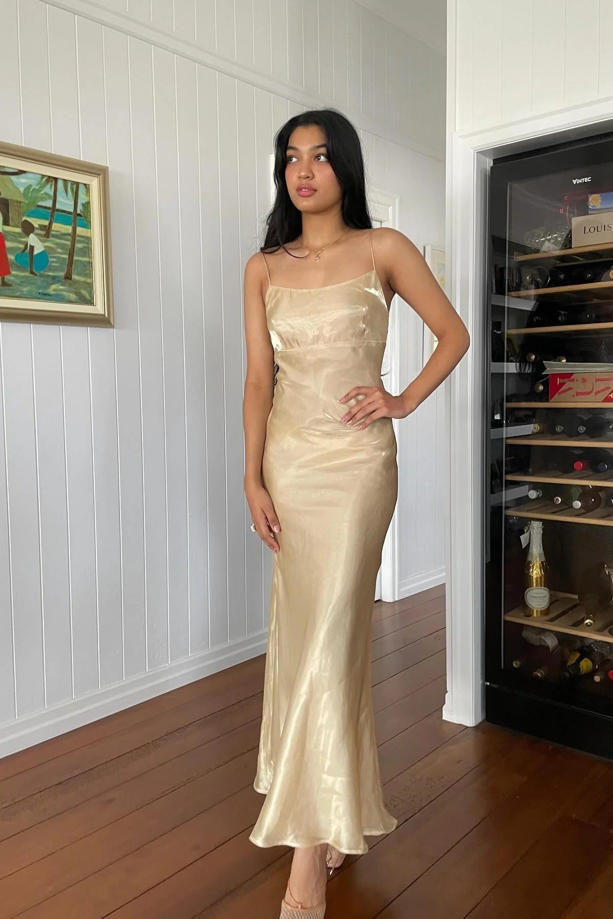 Simple Sheath Spaghetti Straps Champagne Long Party Dress With Backless AD794