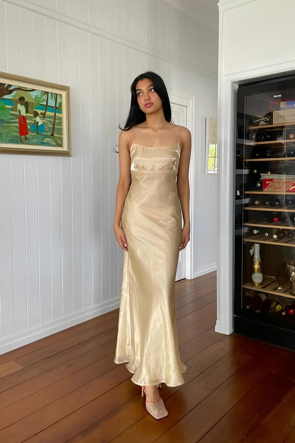 Simple Sheath Spaghetti Straps Champagne Long Party Dress With Backless AD794