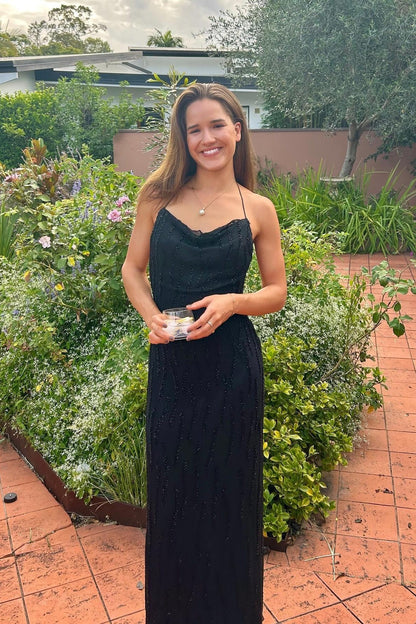Trendy Spaghetti Straps Black Long Party Dress With Backless AD795