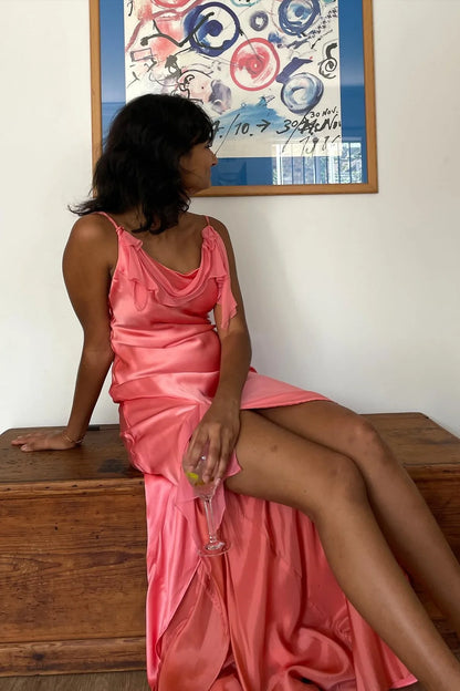 Gorgeous Sheath Spaghetti Straps Coral Long Party Dress With Split Front AD796