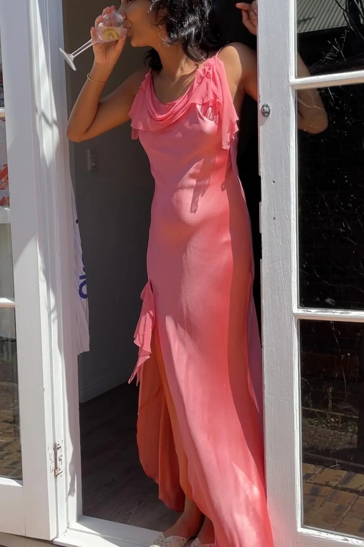 Gorgeous Sheath Spaghetti Straps Coral Long Party Dress With Split Front AD796