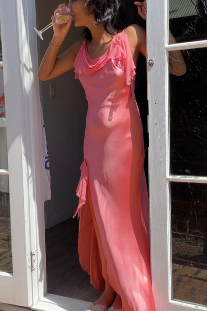 Gorgeous Sheath Spaghetti Straps Coral Long Party Dress With Split Front AD796