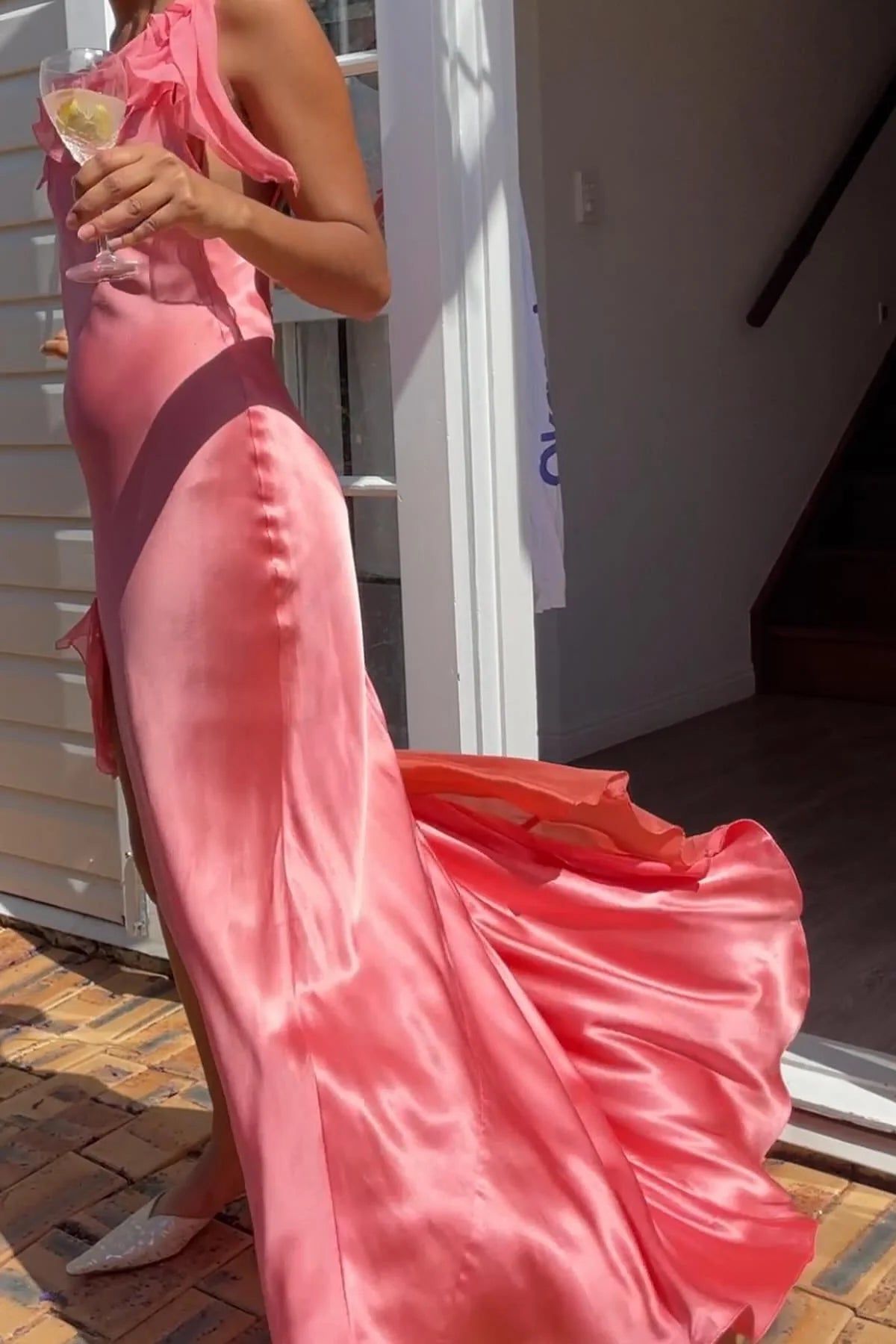 Gorgeous Sheath Spaghetti Straps Coral Long Party Dress With Split Front AD796
