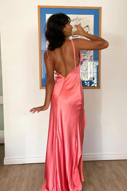 Gorgeous Sheath Spaghetti Straps Coral Long Party Dress With Split Front AD796