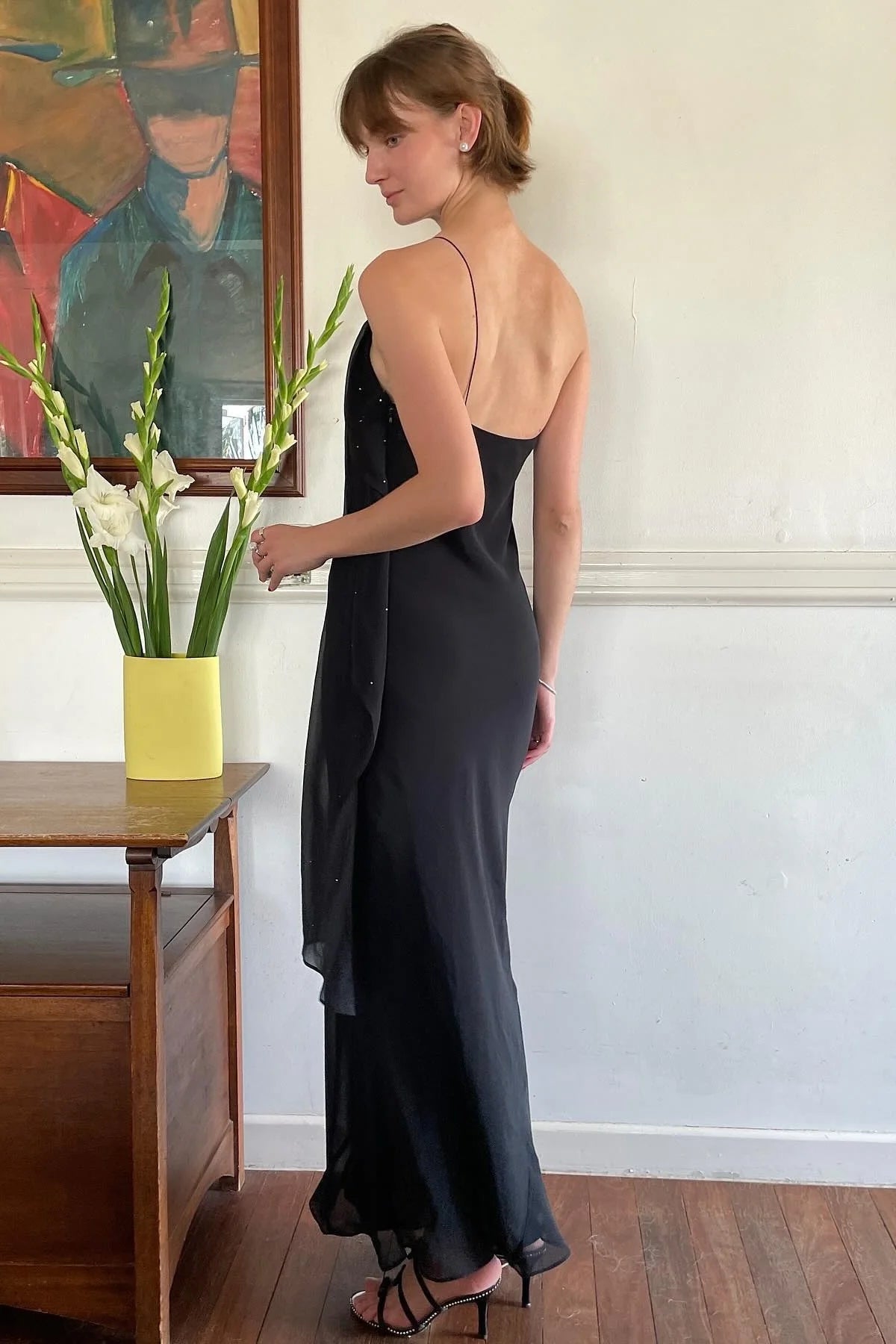 Chic Sheath One Shoulder Black Floor Length Party Dress With Ruffles AD797