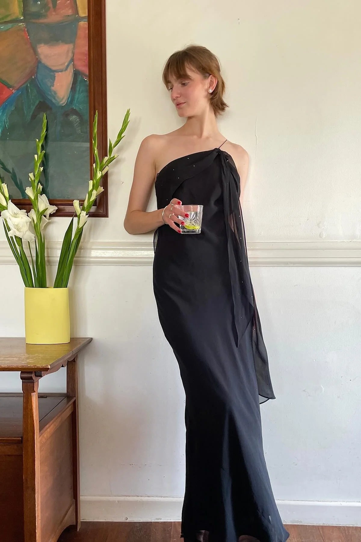 Chic Sheath One Shoulder Black Floor Length Party Dress With Ruffles AD797