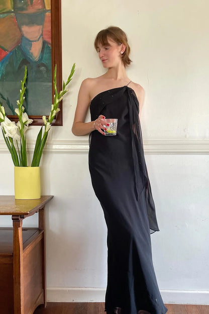 Chic Sheath One Shoulder Black Floor Length Party Dress With Ruffles AD797