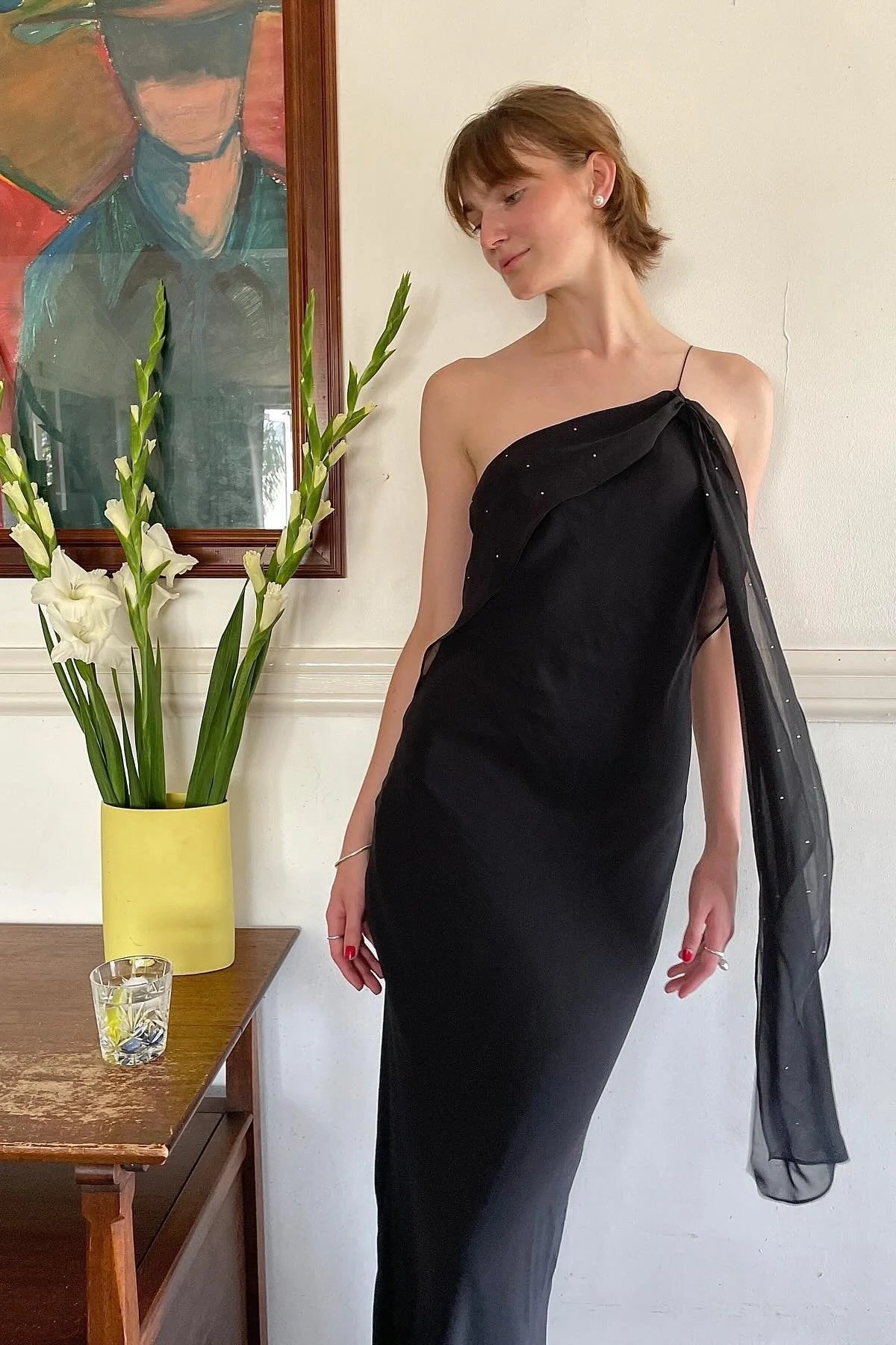 Chic Sheath One Shoulder Black Floor Length Party Dress With Ruffles AD797