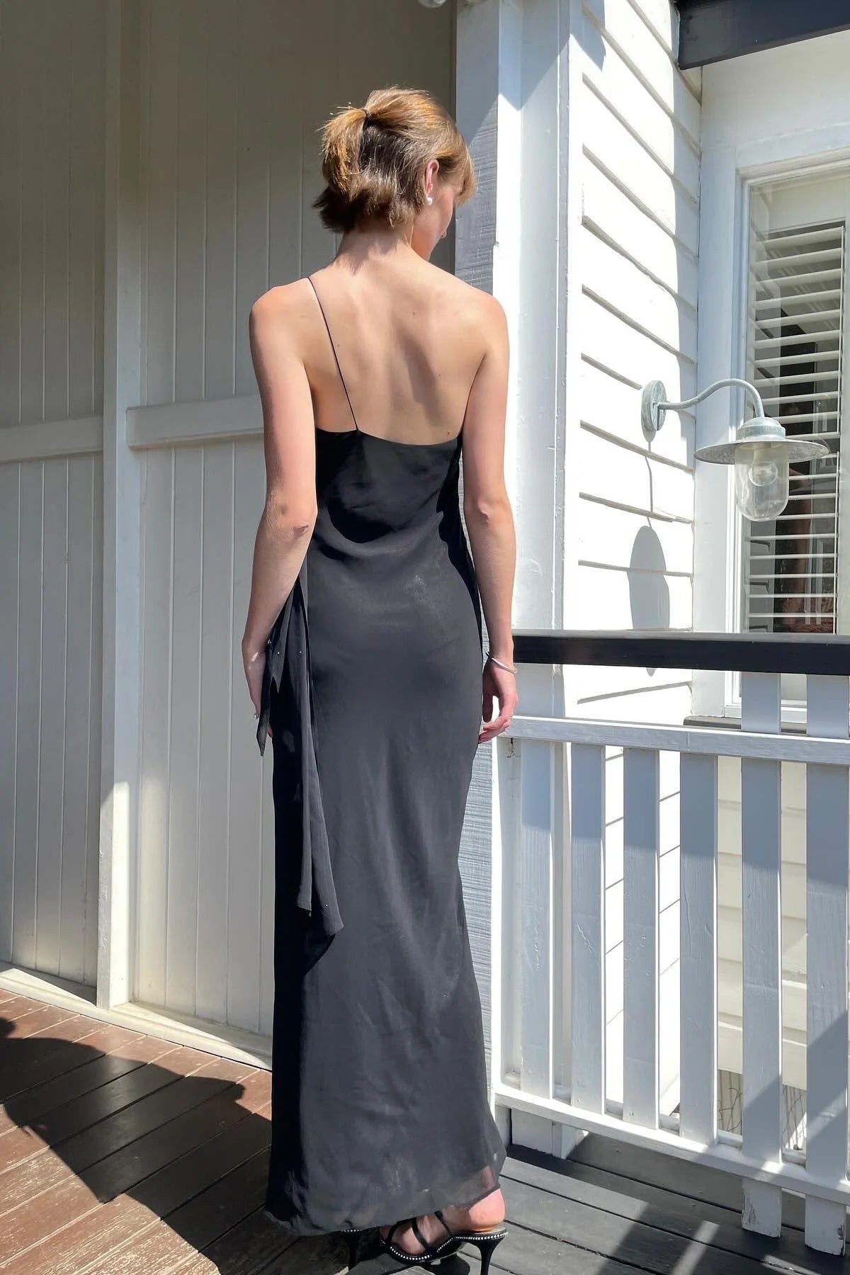 Chic Sheath One Shoulder Black Floor Length Party Dress With Ruffles AD797