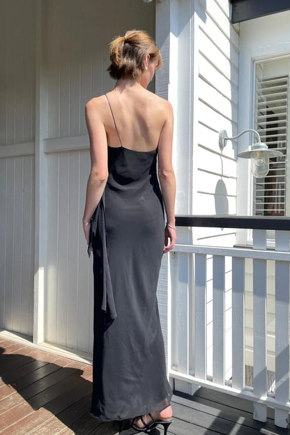 Chic Sheath One Shoulder Black Floor Length Party Dress With Ruffles AD797