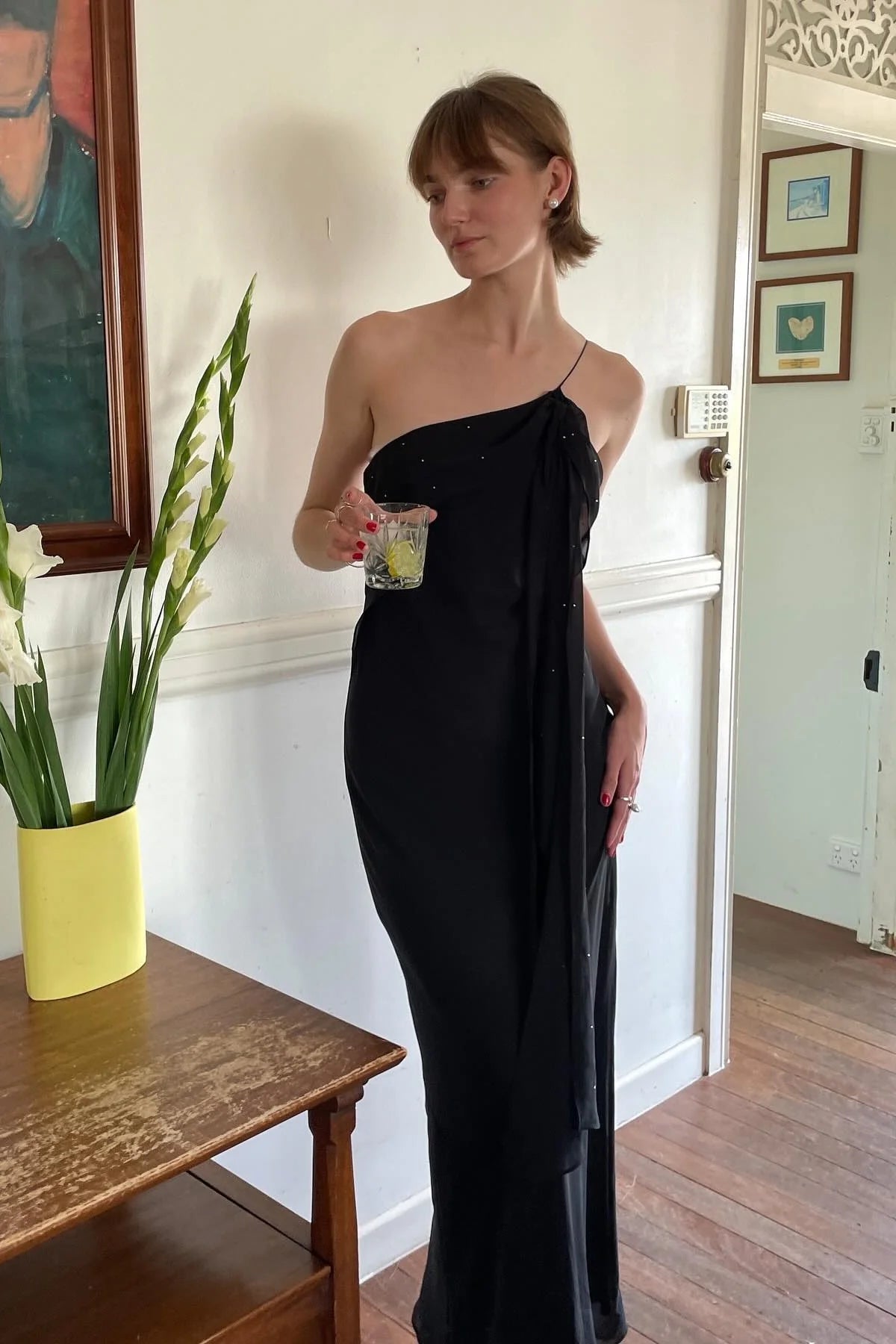 Chic Sheath One Shoulder Black Floor Length Party Dress With Ruffles AD797