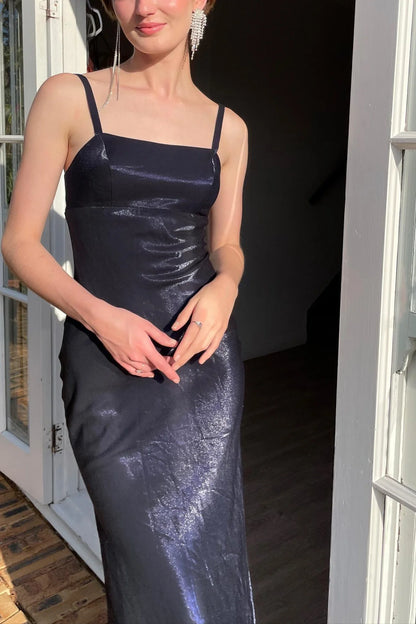 Simple Sheath Spaghetti Straps Navy Long Party Dress AD798