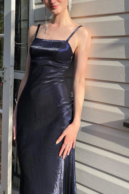 Simple Sheath Spaghetti Straps Navy Long Party Dress AD798