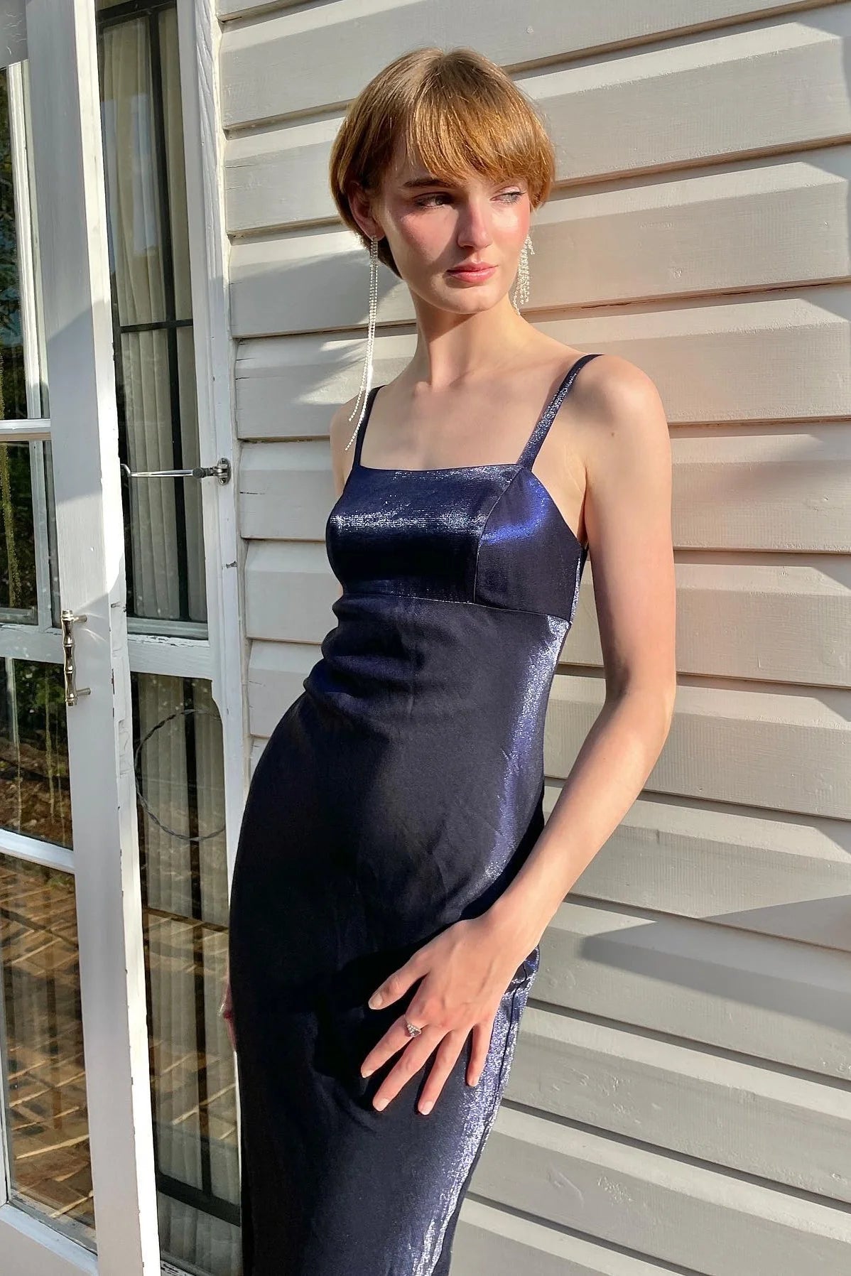 Simple Sheath Spaghetti Straps Navy Long Party Dress AD798