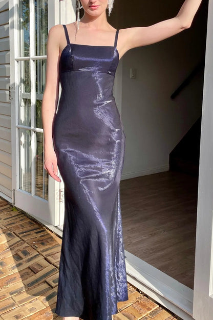 Simple Sheath Spaghetti Straps Navy Long Party Dress AD798