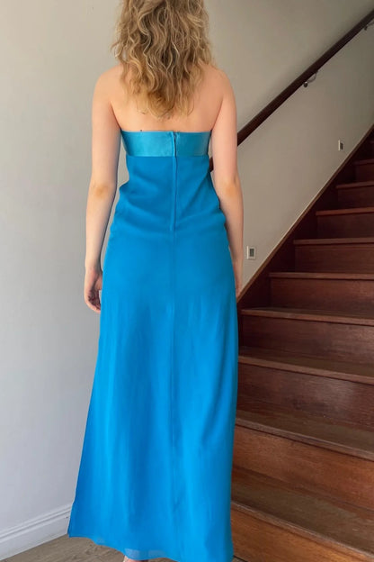 Simple Sheath Strapless Blue Long Party Dress AD799