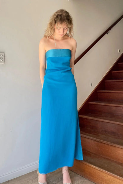 Simple Sheath Strapless Blue Long Party Dress AD799