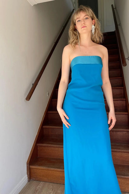 Simple Sheath Strapless Blue Long Party Dress AD799