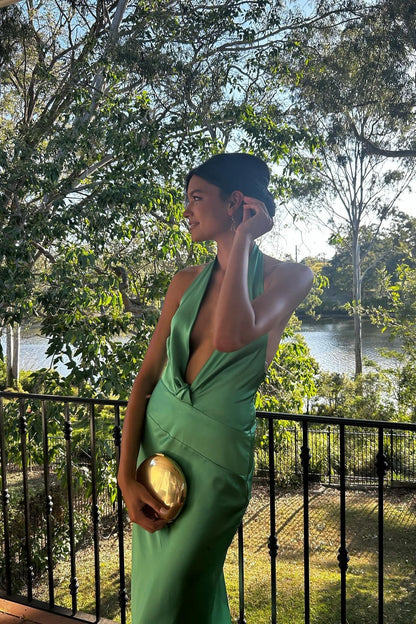 Trendy Sheath Halter Neck Green Long Party Dress With Backless AD801