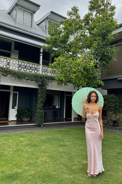 Chic Sheath Spaghetti Straps Light Pink Long Party Dress With Backless AD804