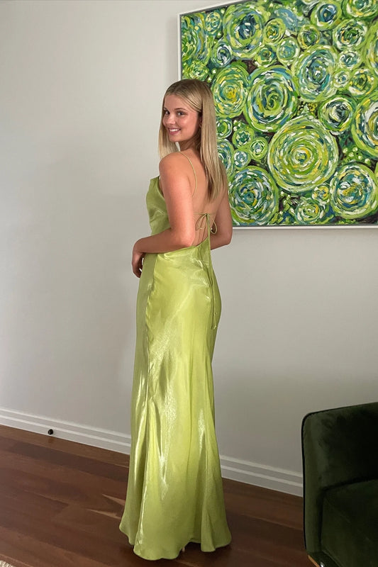 Simple Sheath Spaghetti Straps Light Green Long Party Dress With Backless AD805