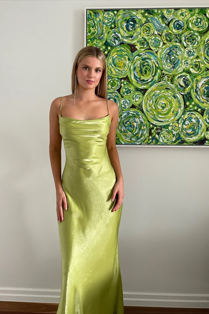 Simple Sheath Spaghetti Straps Light Green Long Party Dress With Backless AD805