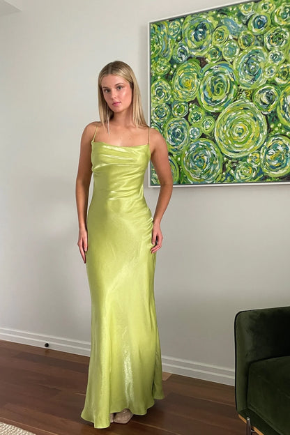 Simple Sheath Spaghetti Straps Light Green Long Party Dress With Backless AD805