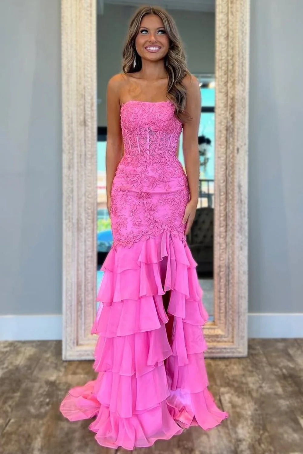 Stunning Mermaid Strapless Lace Applique Corset Bodice Prom Dress With Ruffle Skirt AD806