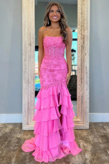 Stunning Mermaid Strapless Lace Applique Corset Bodice Prom Dress With Ruffle Skirt AD806