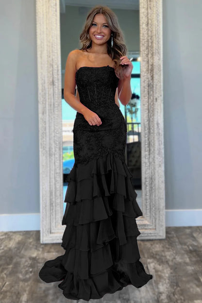Stunning Mermaid Strapless Lace Applique Corset Bodice Prom Dress With Ruffle Skirt AD806