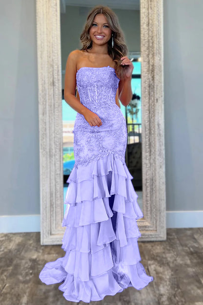 Stunning Mermaid Strapless Lace Applique Corset Bodice Prom Dress With Ruffle Skirt AD806