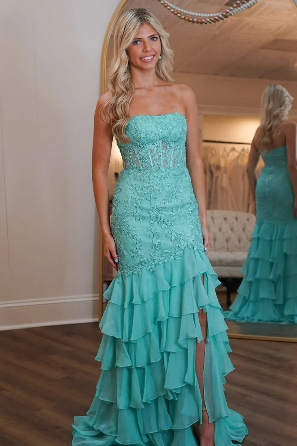 Stunning Mermaid Strapless Lace Applique Corset Bodice Prom Dress With Ruffle Skirt AD806