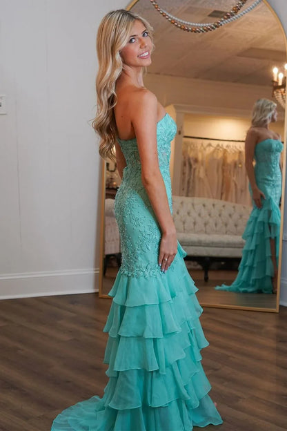 Stunning Mermaid Strapless Lace Applique Corset Bodice Prom Dress With Ruffle Skirt AD806