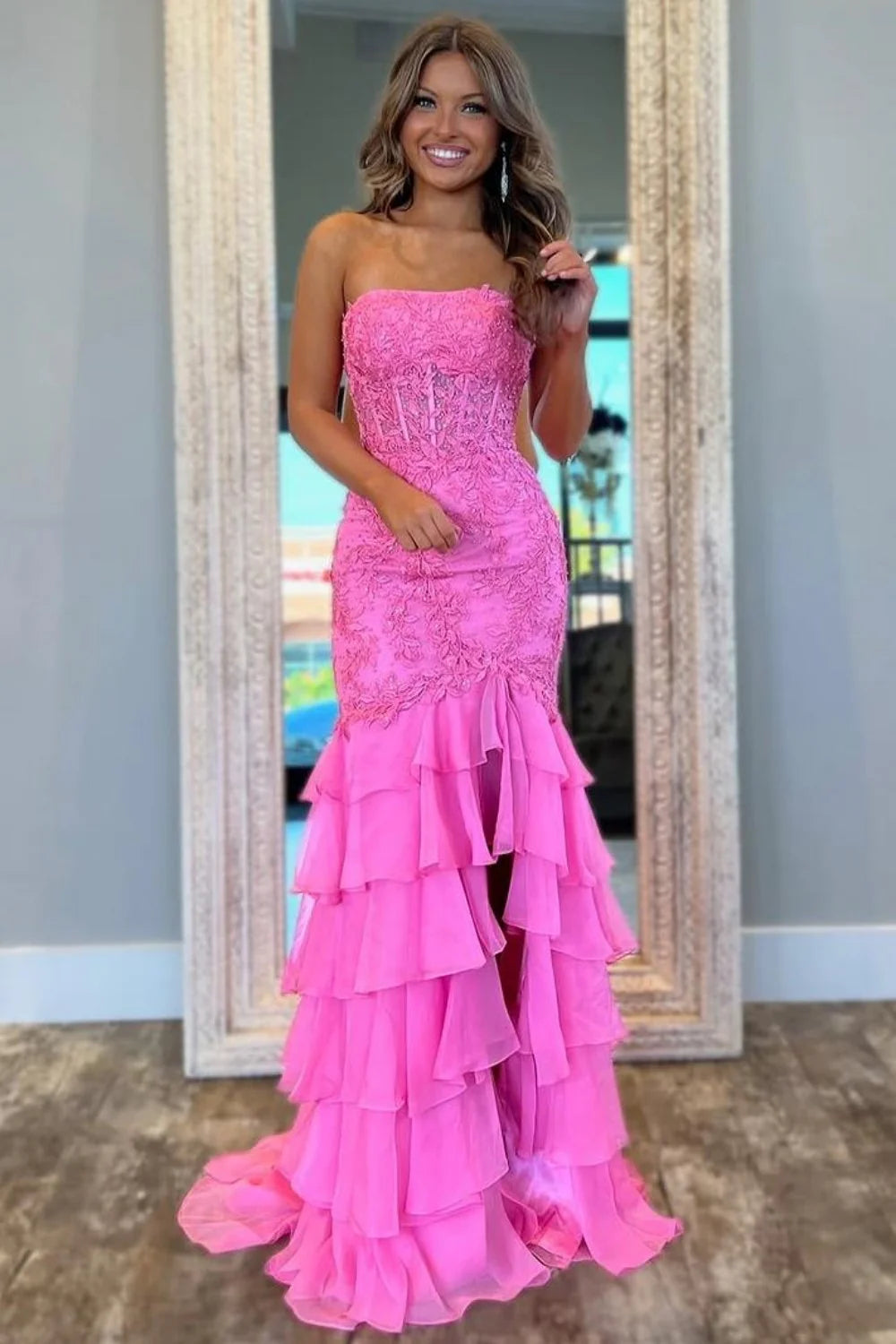 Stunning Mermaid Strapless Lace Applique Corset Bodice Prom Dress With Ruffle Skirt AD806
