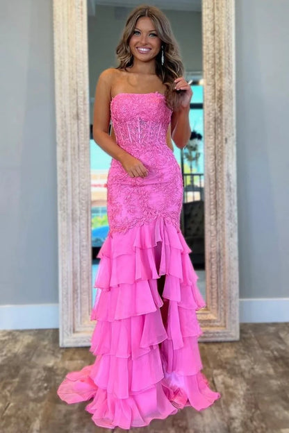 Stunning Mermaid Strapless Lace Applique Corset Bodice Prom Dress With Ruffle Skirt AD806