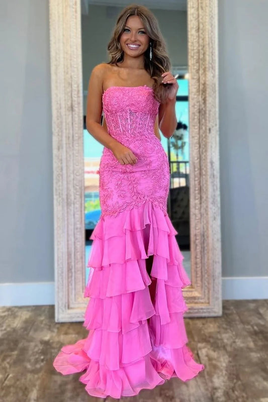 Stunning Mermaid Strapless Lace Applique Corset Bodice Prom Dress With Ruffle Skirt AD806