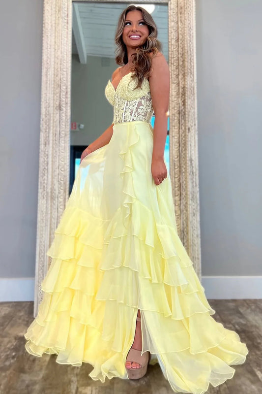 Chic Yellow A-Line Sweetheart Lace Top Long Chiffon Prom Dress With Ruffle Skirt AD807