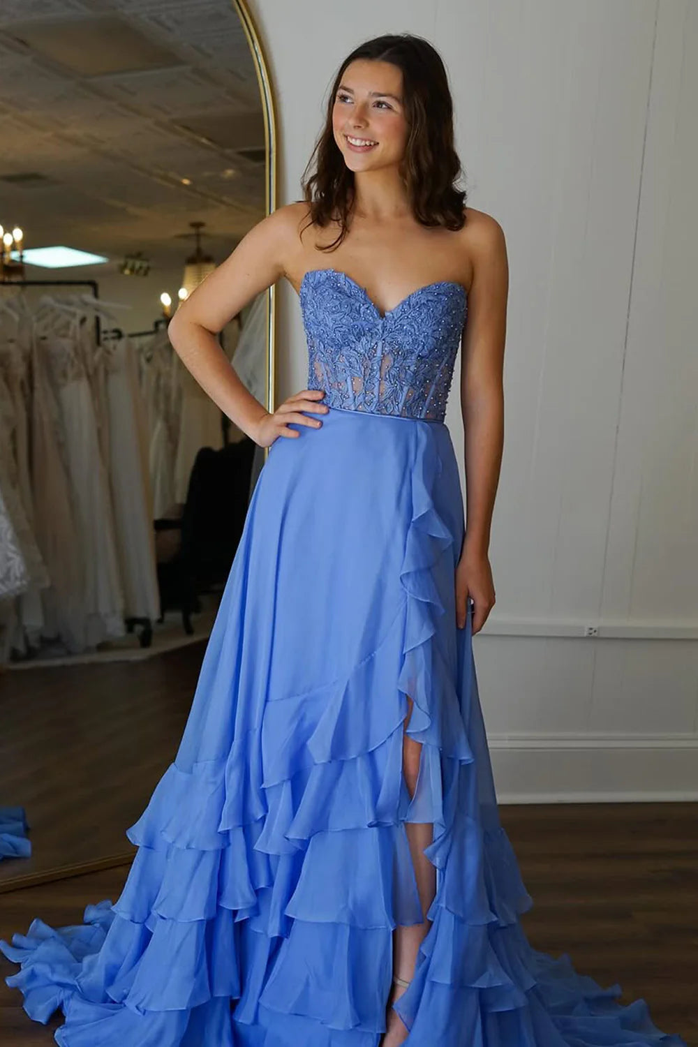 Chic Yellow A-Line Sweetheart Lace Top Long Chiffon Prom Dress With Ruffle Skirt AD807