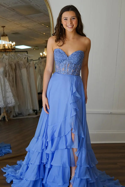 Chic Yellow A-Line Sweetheart Lace Top Long Chiffon Prom Dress With Ruffle Skirt AD807