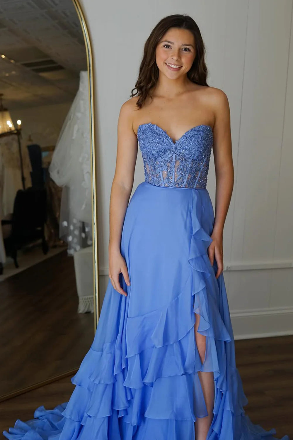 Chic Yellow A-Line Sweetheart Lace Top Long Chiffon Prom Dress With Ruffle Skirt AD807