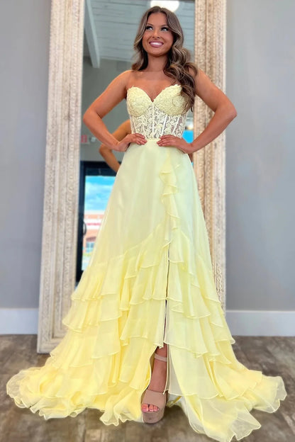 Chic Yellow A-Line Sweetheart Lace Top Long Chiffon Prom Dress With Ruffle Skirt AD807