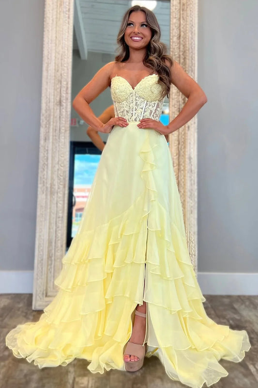 Chic Yellow A-Line Sweetheart Lace Top Long Chiffon Prom Dress With Ruffle Skirt AD807
