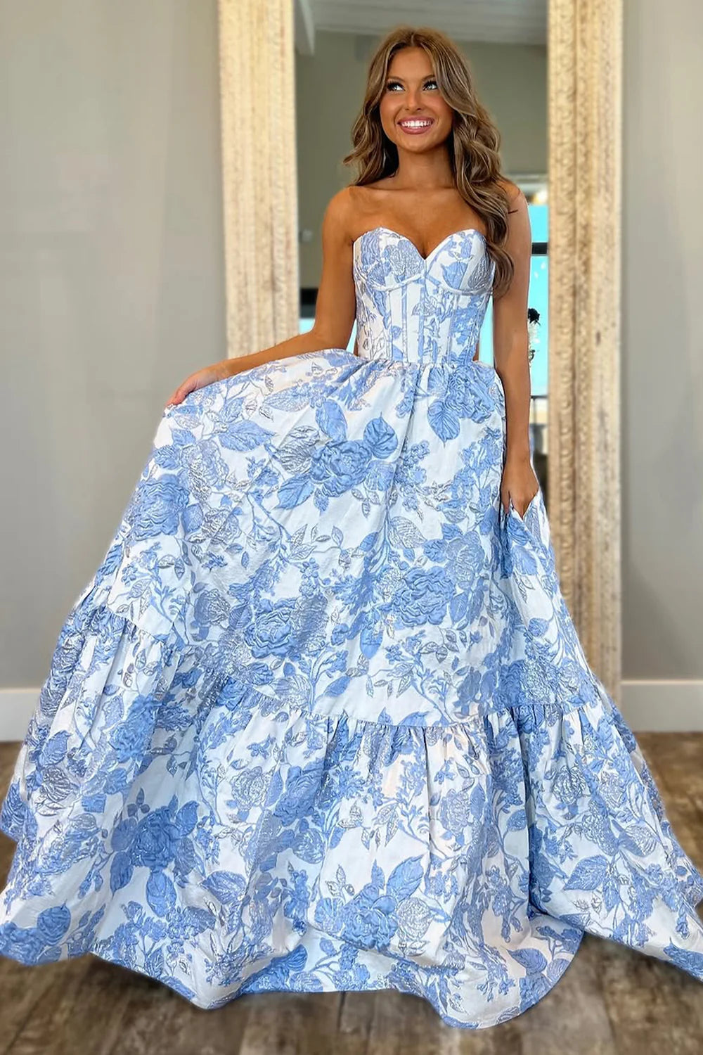Light Blue Lovely Sweetheart Zipper Back A-Line Long Print Prom Party Dress AD808