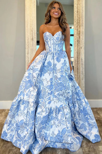 Light Blue Lovely Sweetheart Zipper Back A-Line Long Print Prom Party Dress AD808