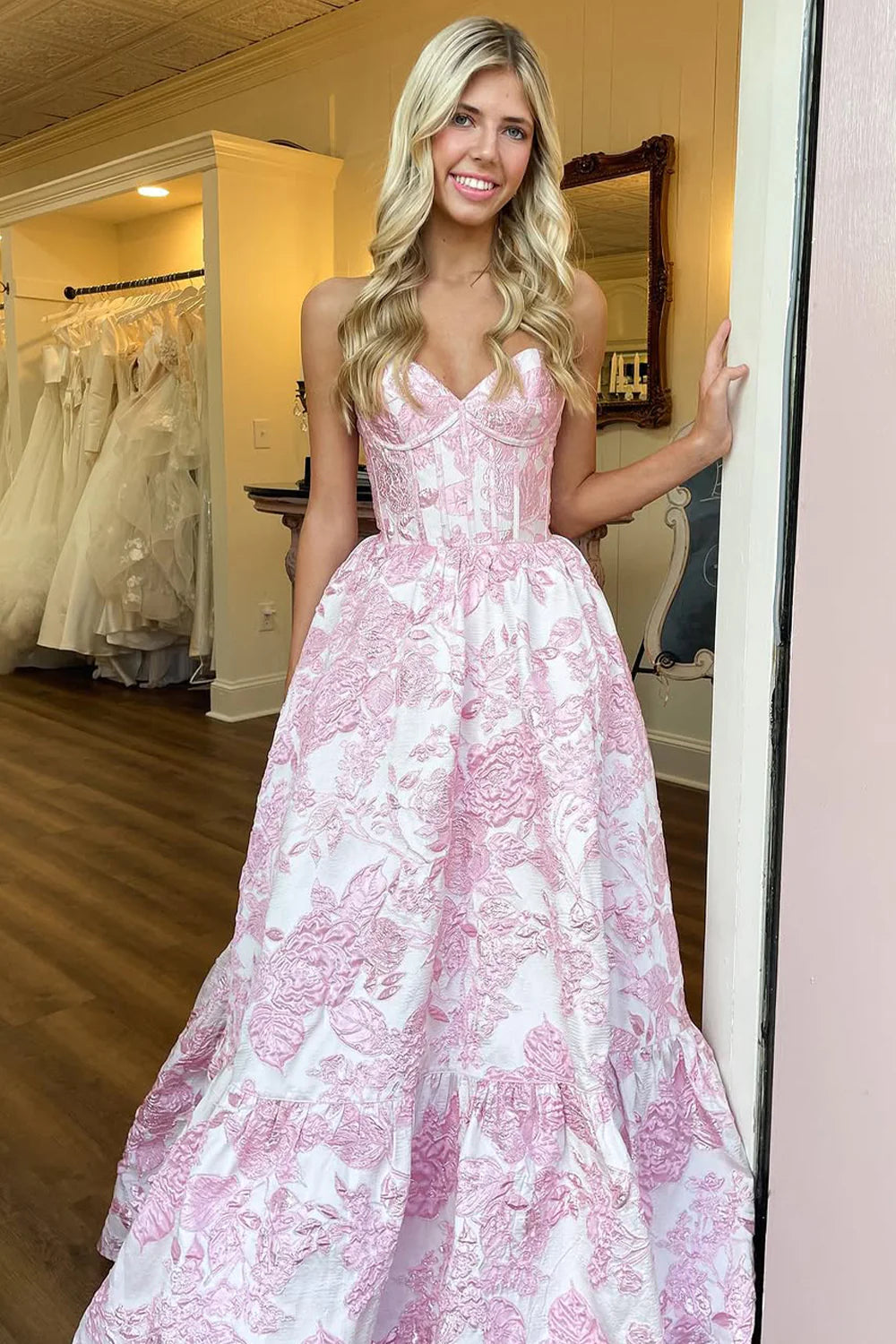 Light Blue Lovely Sweetheart Zipper Back A-Line Long Print Prom Party Dress AD808