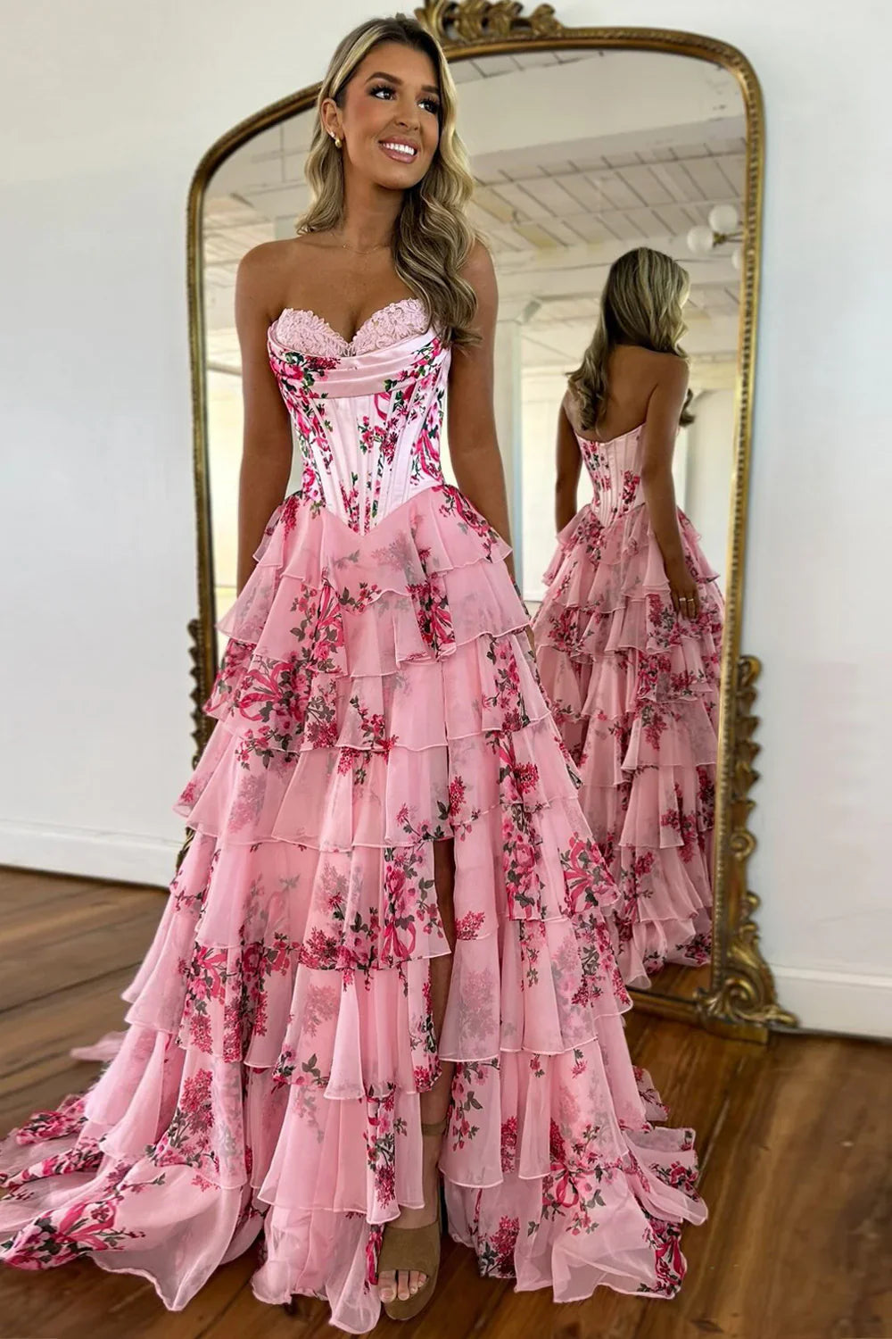 Stunning Pink A-Line Sweetheart Satin Top Long Print Tulle Prom Dress With Slit AD809