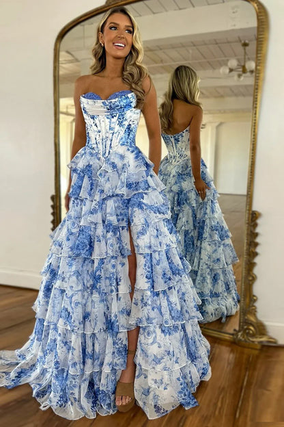 Stunning Pink A-Line Sweetheart Satin Top Long Print Tulle Prom Dress With Slit AD809