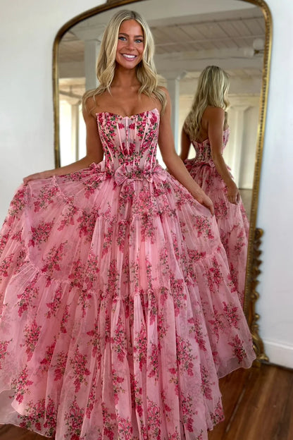 Charming A-Line Pink Strapless Long Print Tulle Prom Party Dress AD810