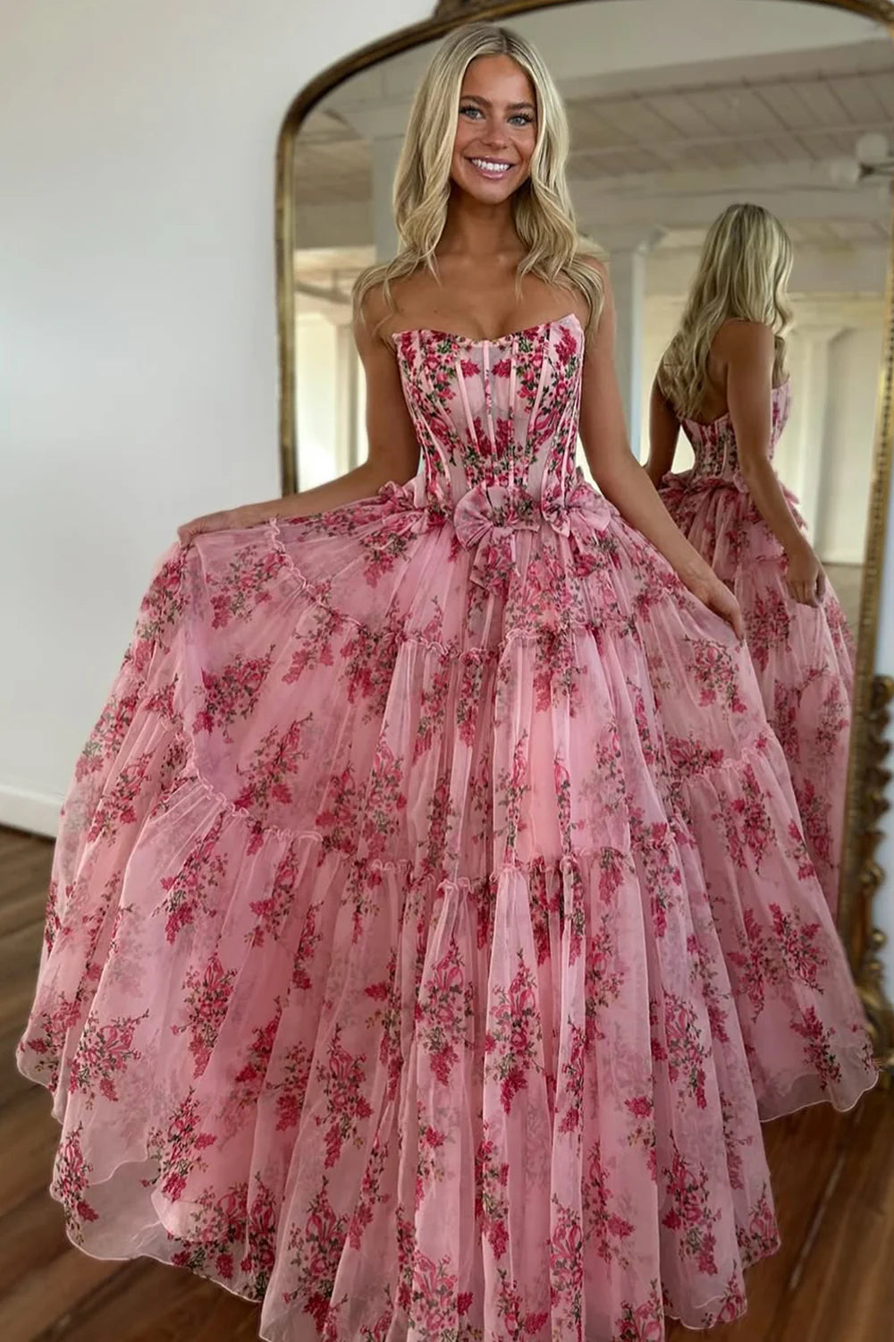 Charming A-Line Pink Strapless Long Print Tulle Prom Party Dress AD810