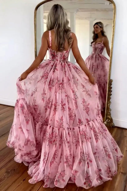 Pink Romantic A-Line Straps Zipper Back Long Print Tulle Prom Party Dress AD811